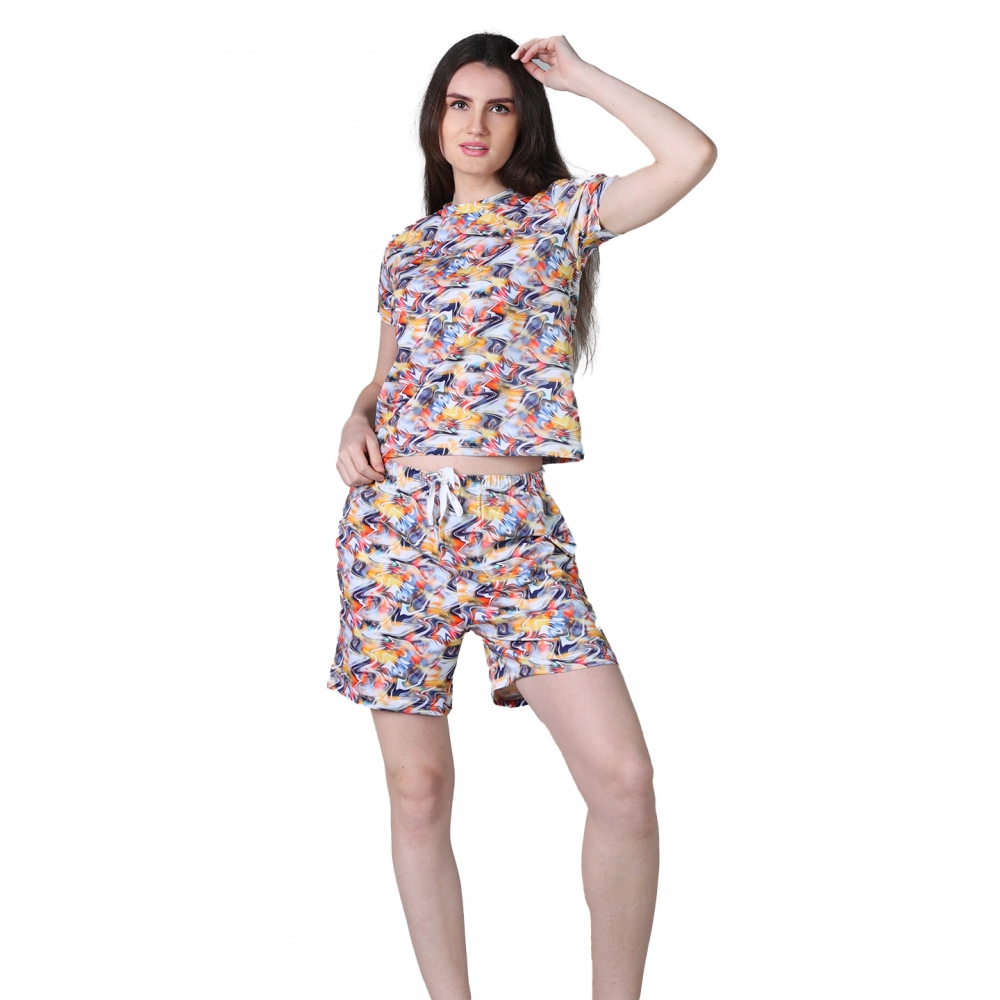 Women's Cotton Blended Printed Round Neck Half Sleeve Top - Shorts Set (Multicolor)