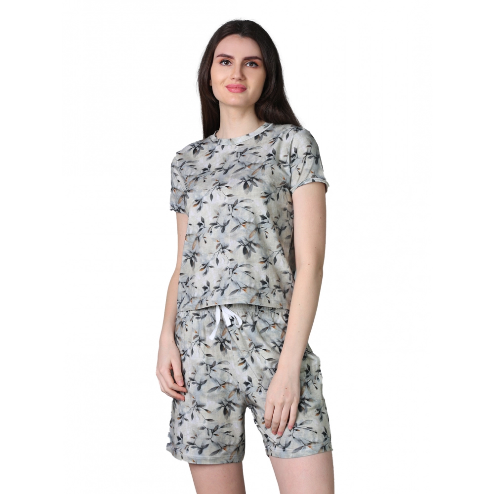 Women's Cotton Blended Printed Round Neck Half Sleeve Top - Shorts Set (Grey)
