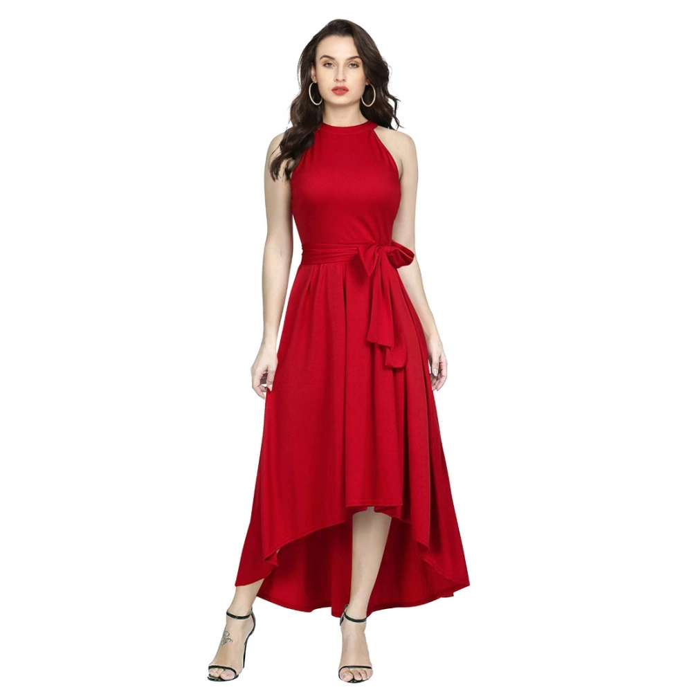Women's Polyster Solid Halter Neck Sleeveless Dress (Red)