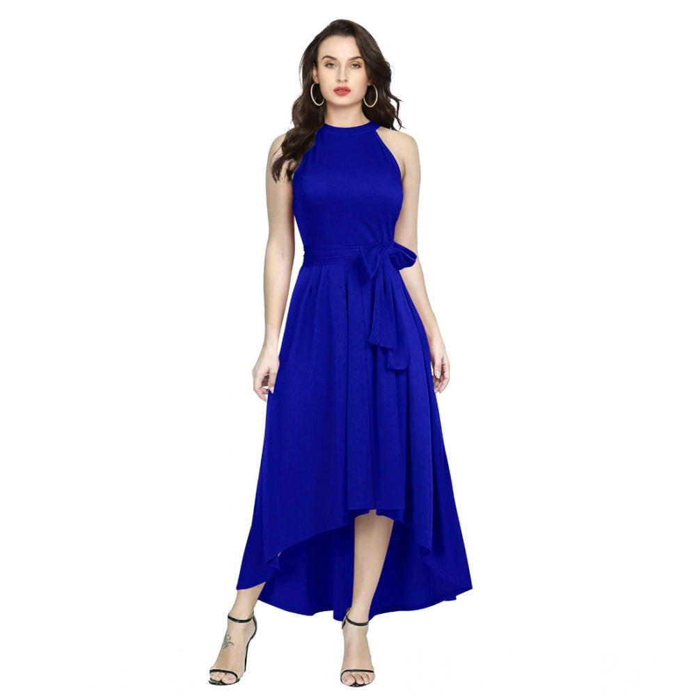 Women's Polyster Solid Halter Neck Sleeveless Dress (Royal Blue)