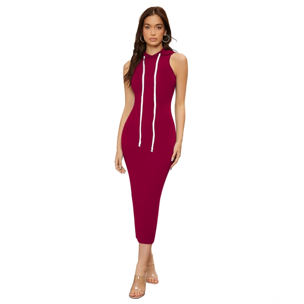 Women's Knitting stretchable Solid Round Neck Sleeveless Dress (Maroon)