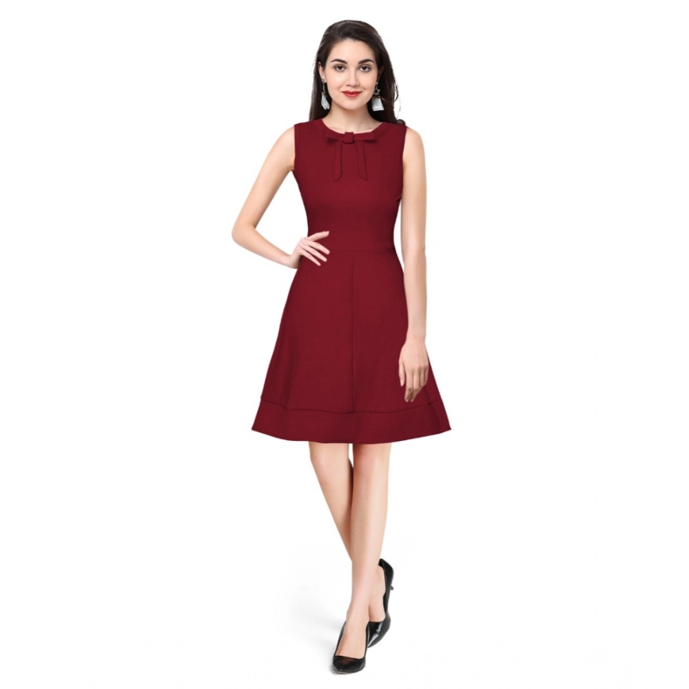 Women's Polyester Solid Round Neck Sleeveless Dress (Maroon)