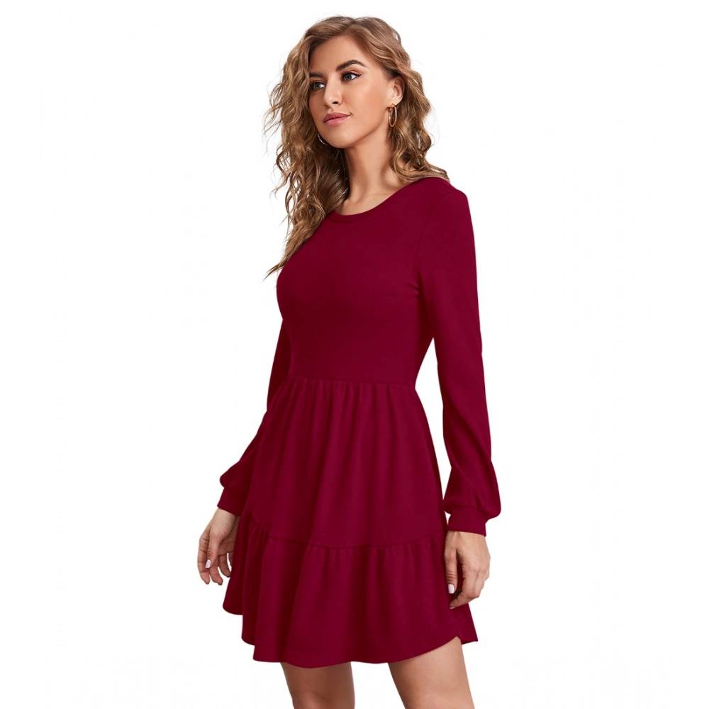 Women's Knitting stretchable Solid Round Neck Full Sleeve Dress (Maroon)