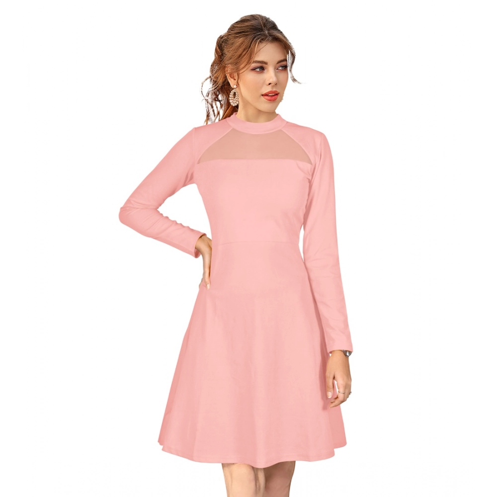 Women's Knitting stretchable Solid Round Neck Full Sleeve Dress (Peach)