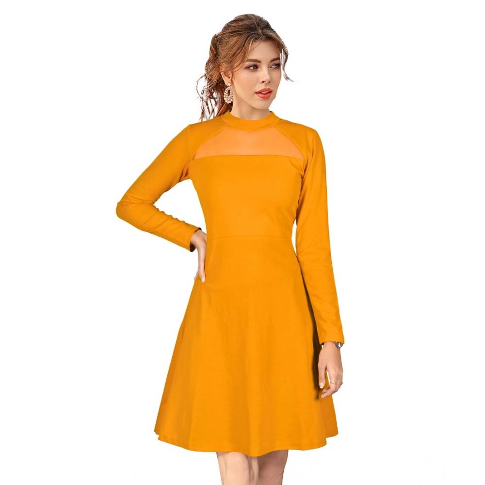 Women's Knitting stretchable Solid Round Neck Full Sleeve Dress (Yellow)