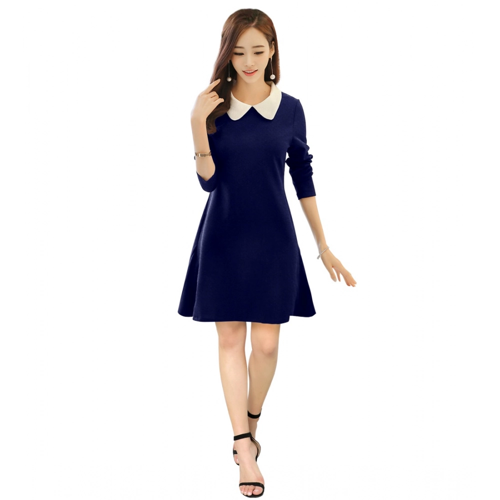 Women's Polyester Solid Collar 3-4th Dress (Blue)