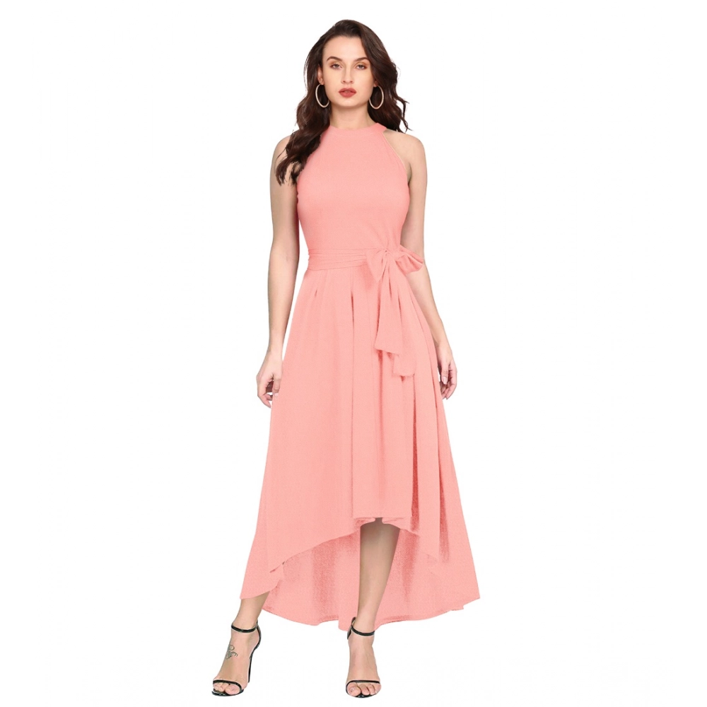 Women's Polyster Solid Halter Neck Sleeveless Dress (Peach)