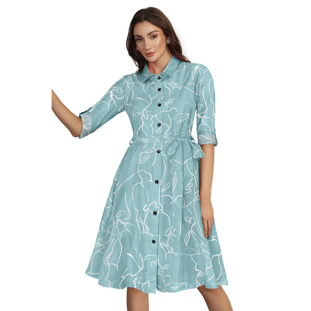 Women's Ruby Cotton Printed Shirt Collar 3-4th Sleeve Dress (Pista)