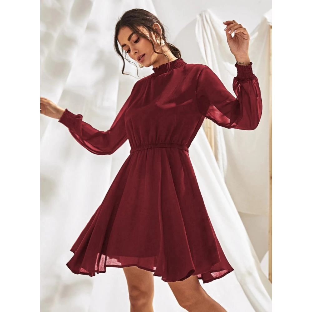 Women's Fox Georgette Solid High Neck Full Sleeve Dress (Maroon)