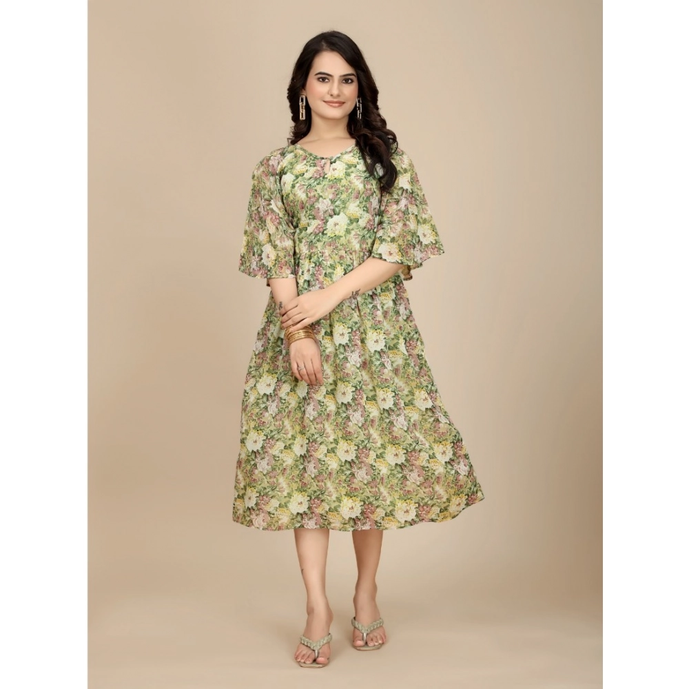 Women's Georgette Printed Round Neck Short Sleeve Dress (Green)