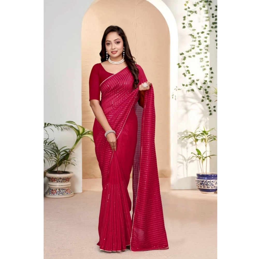 Women's Vichitra Silk Striped Saree With Unstitched Blouse 5.5Mtr (Pink)