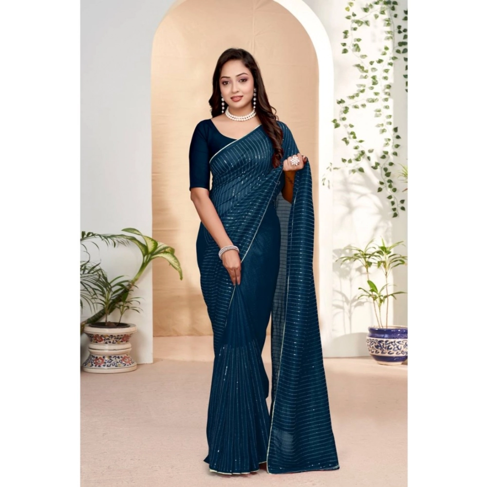 Women's Vichitra Silk Striped Saree With Unstitched Blouse 5.5Mtr (Blue)