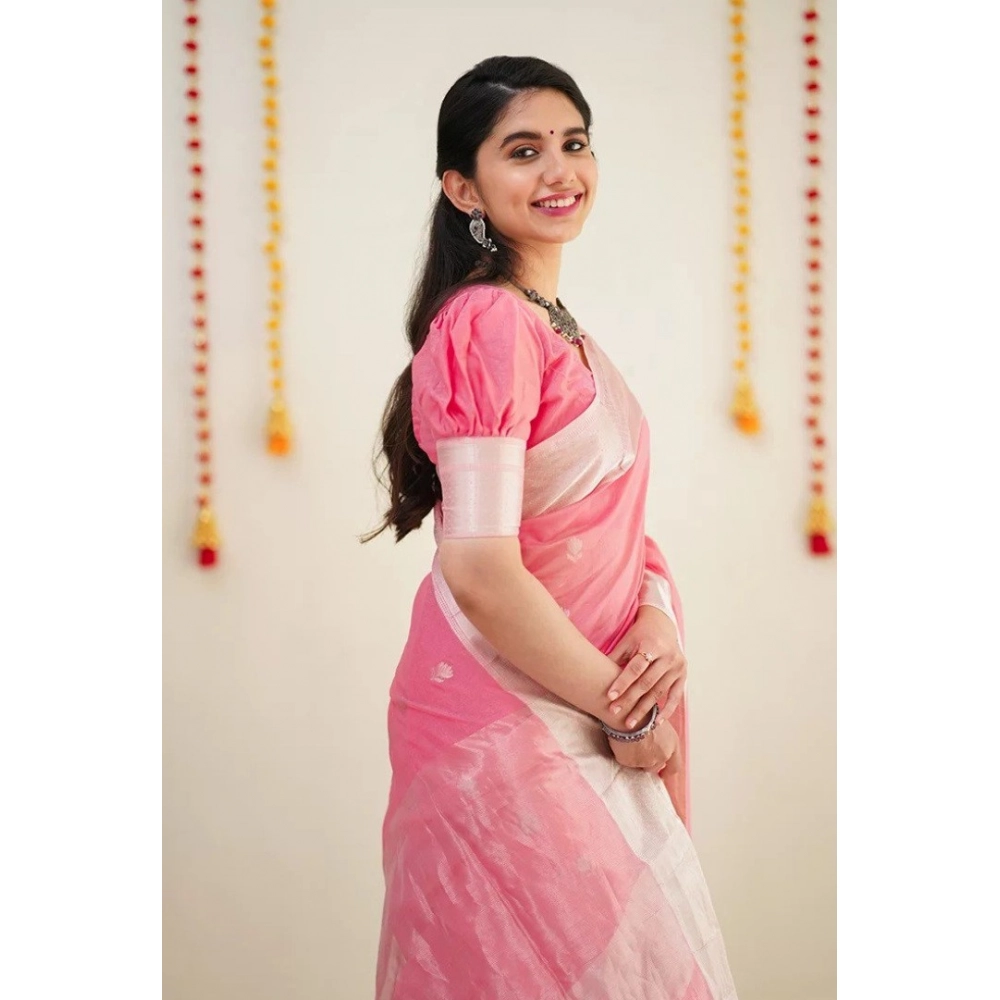 Women's Cotton Printed Saree With Unstitched Blouse 5.5Mtr (Pink) - Image 2