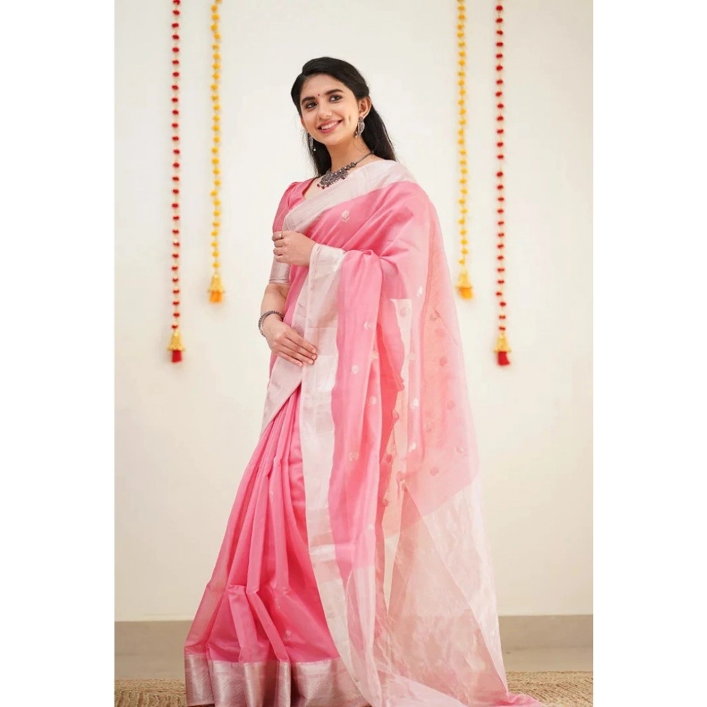 Women's Cotton Printed Saree With Unstitched Blouse 5.5Mtr (Pink) - Image 3