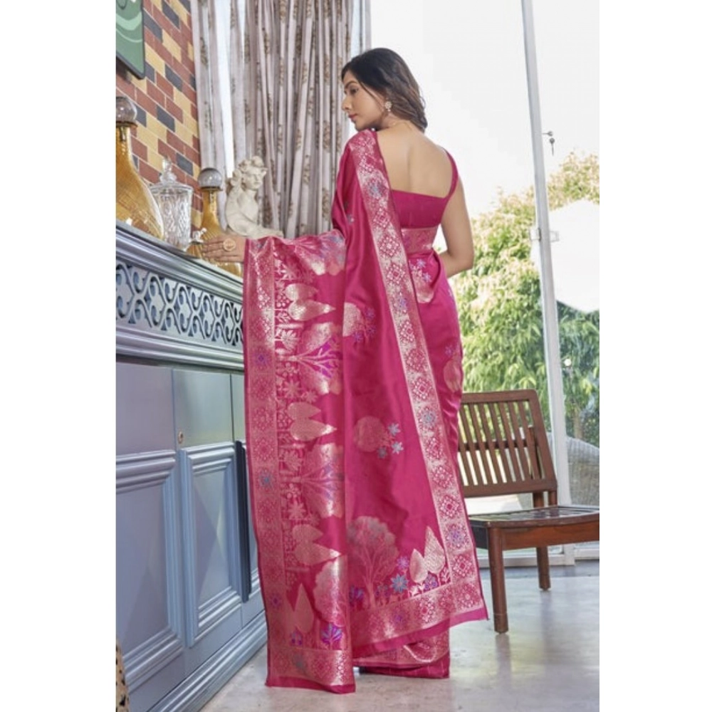 Women's Silk Printed Saree With Unstitched Blouse 5.5Mtr (Rani Pink) - Image 3