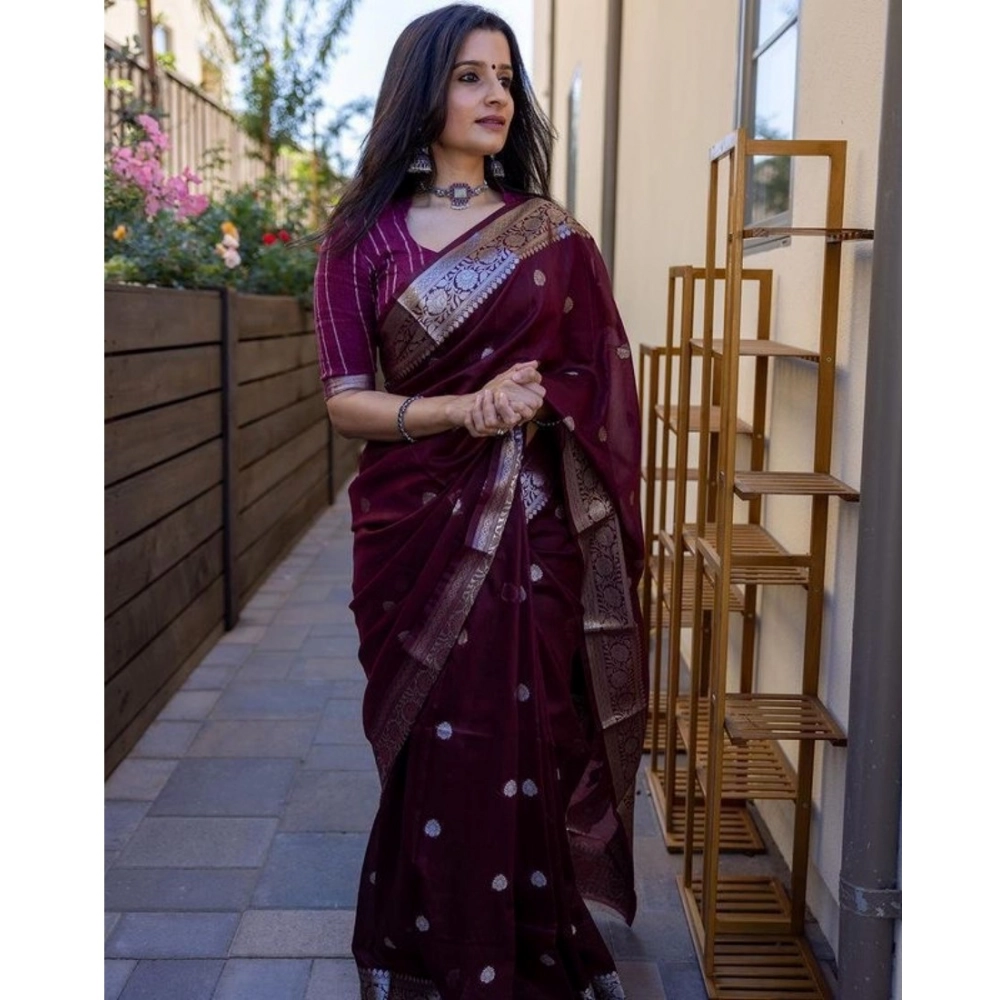 Women's Cotton Printed Saree With Unstitched Blouse 5.5Mtr (Maroon) - Image 3