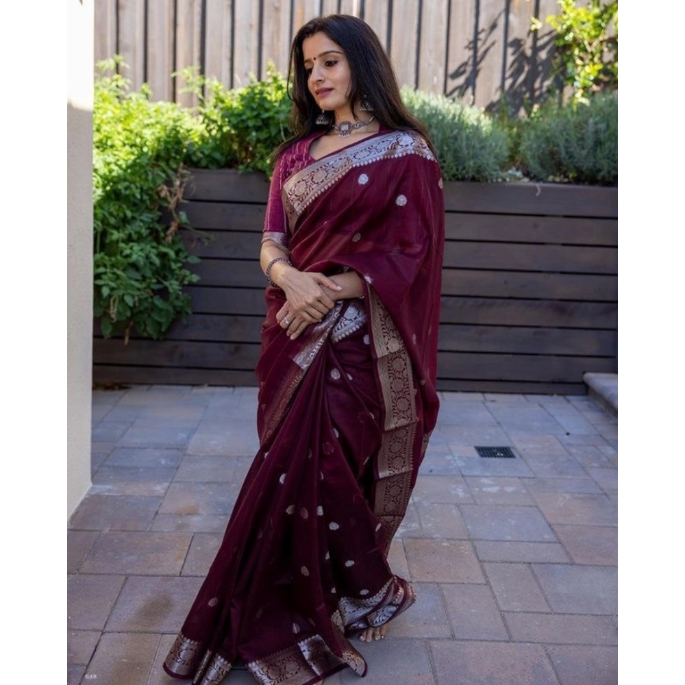 Women's Cotton Printed Saree With Unstitched Blouse 5.5Mtr (Maroon) - Image 2