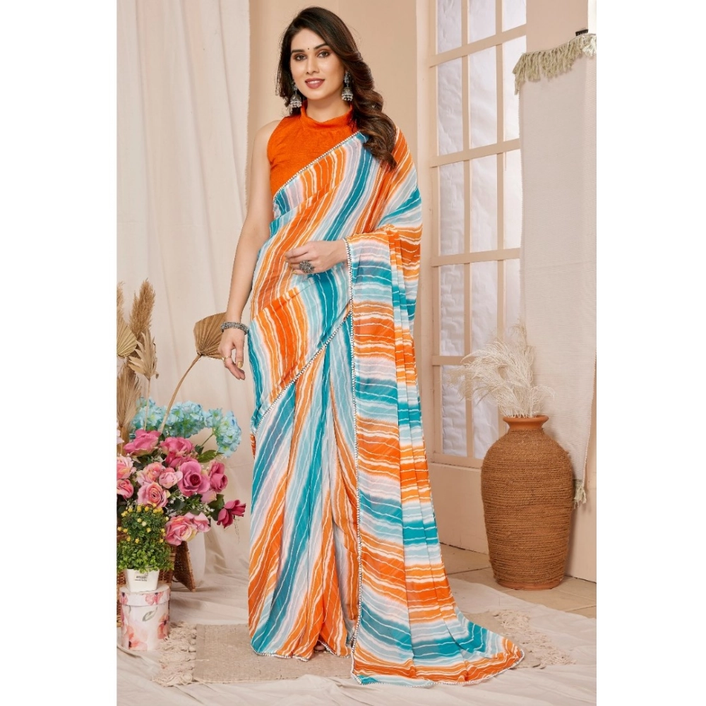 Women's Small Lace Georgette Striped Ready-to-Wear Saree With Unstitched Blouse 5.5 Mtr (Multicolor)