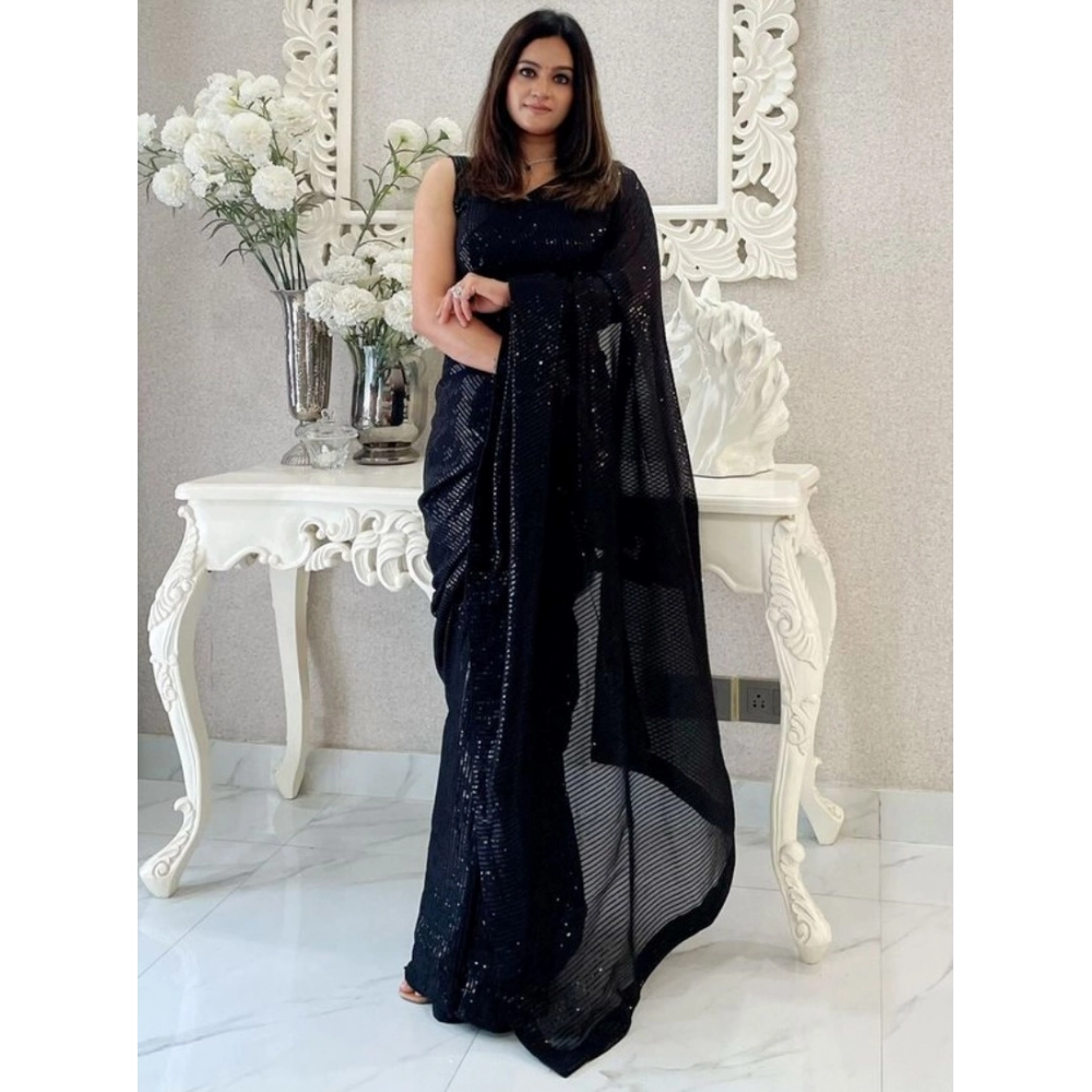 Women's Georgette Embellished Sequnece Bollywood Saree With Unstitched Blouse 5.5Mtr (Black)