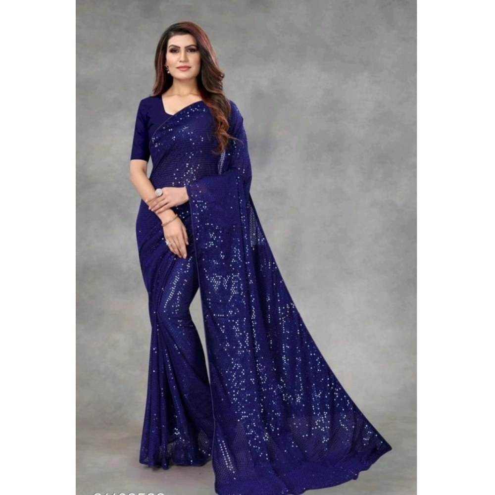 Women's Georgette Embellished Sequnece Bollywood Saree With Unstitched Blouse 5.5Mtr (Blue)