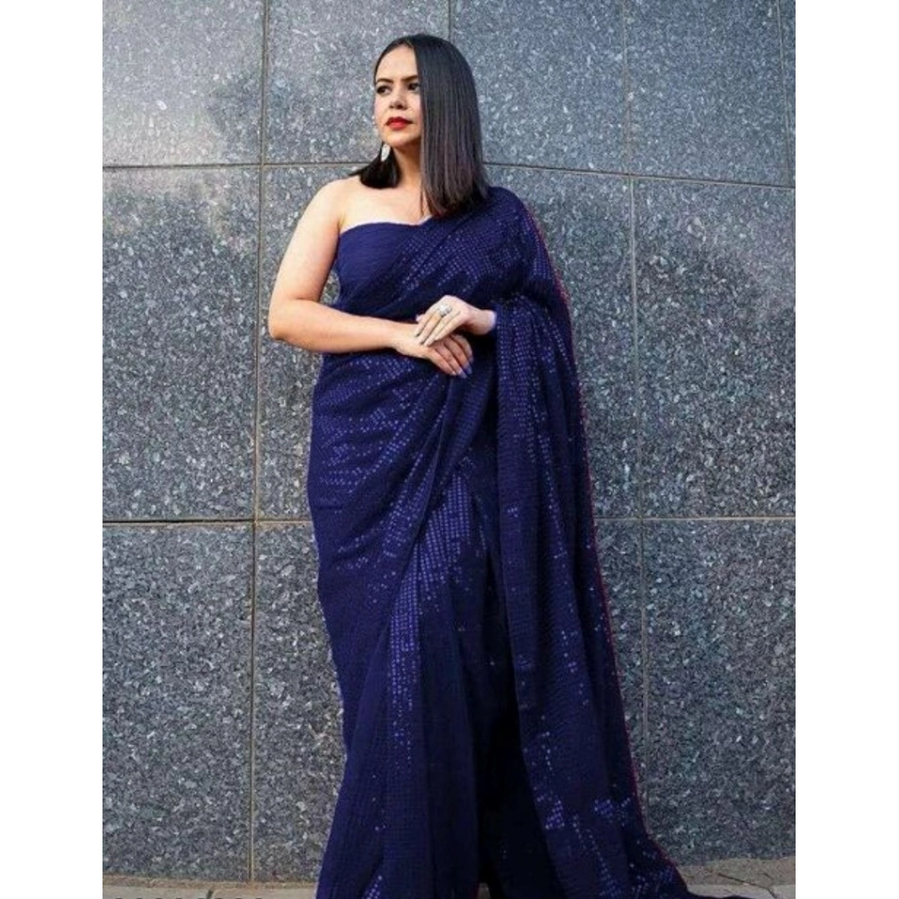 Women's Georgette Embellished Sequnece Bollywood Saree With Unstitched Blouse 5.5Mtr (Blue)