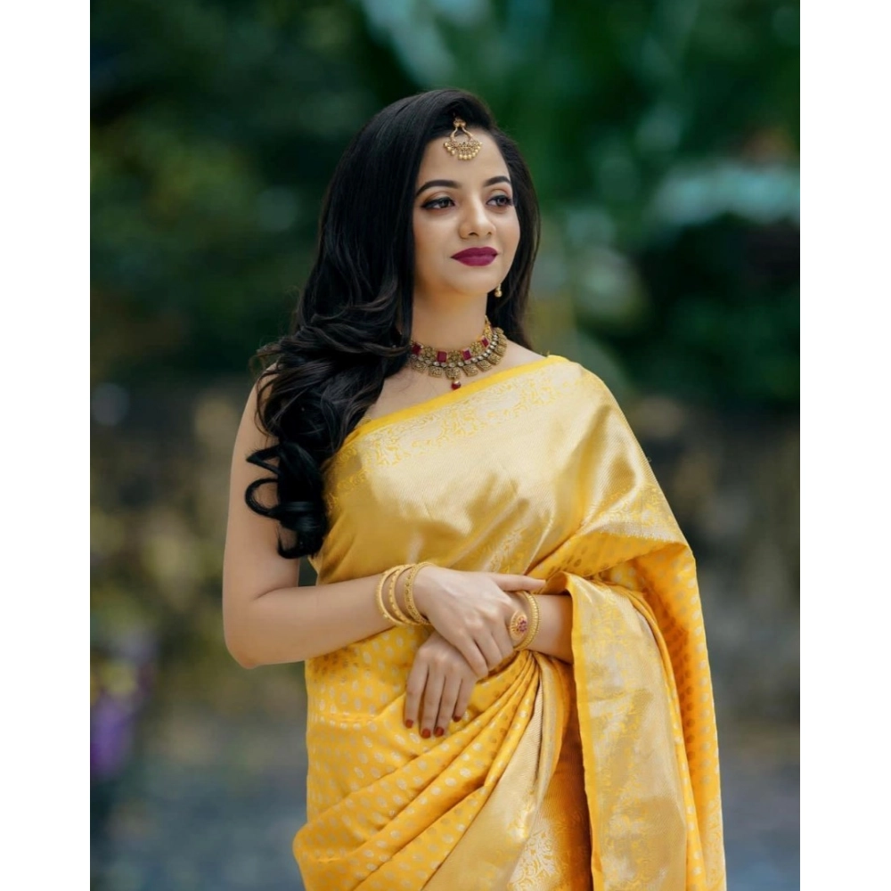Women's Soft Lichi Silk Printed Saree With Unstitched Blouse 5.5Mtr (Yellow)