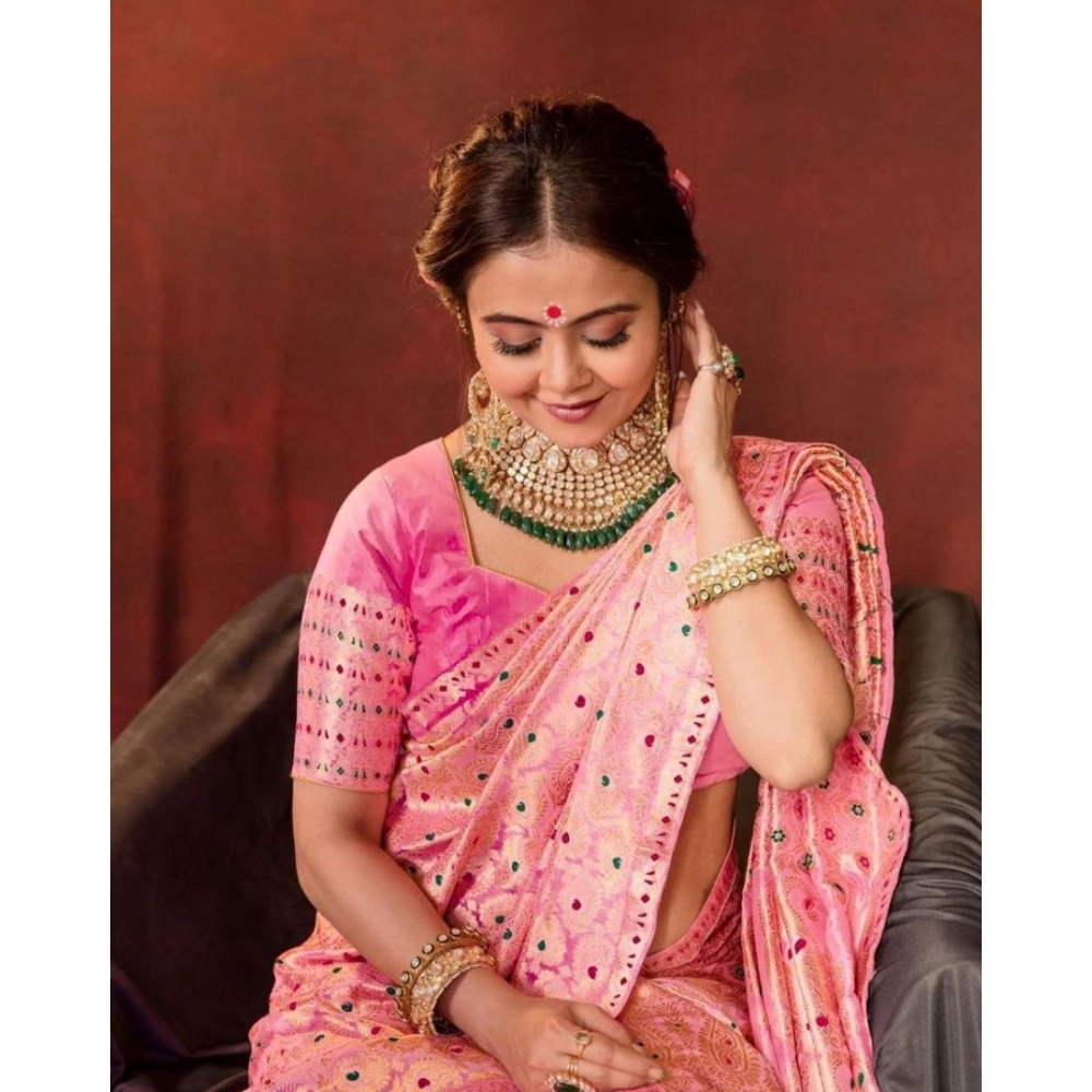 Women's Soft Lichi Silk Printed Saree With Unstitched Blouse 5.5Mtr (Pink)