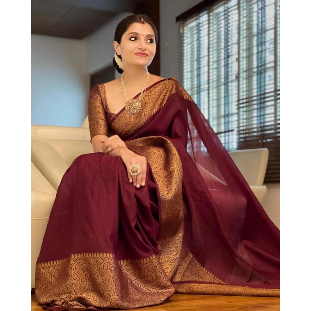Women's Soft Lichi Silk Solid Saree With Unstitched Blouse 5.5Mtr (Maroon)