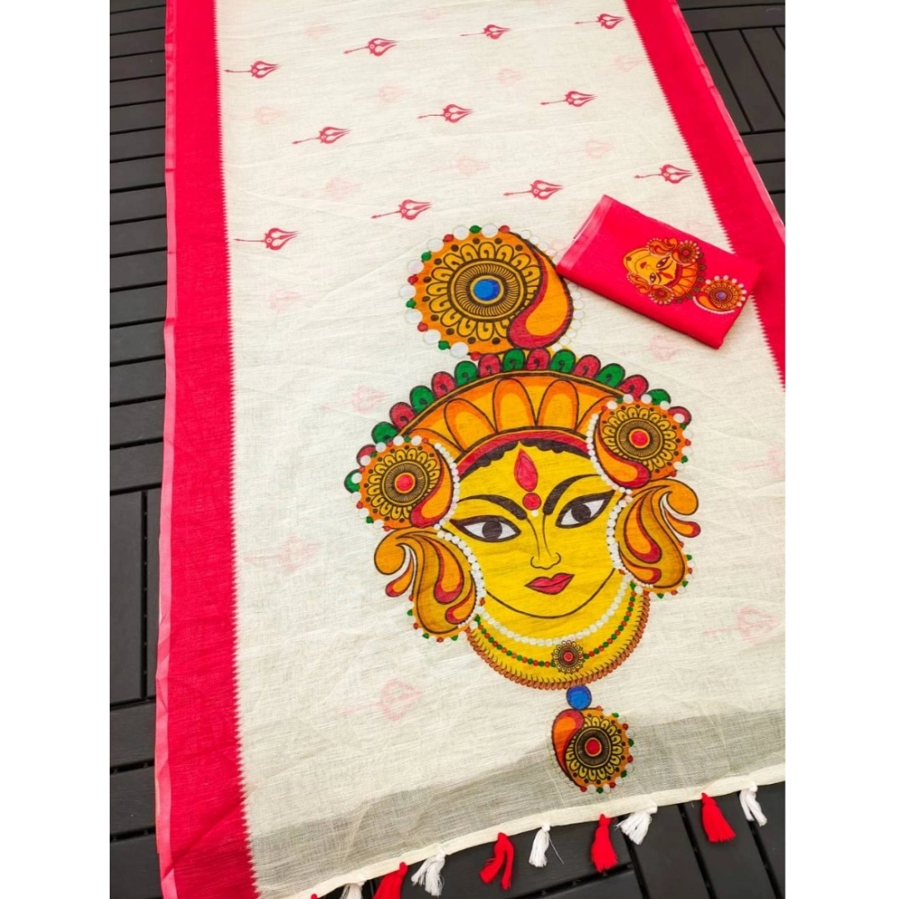 Women's linen Digital Print Saree With Unstitched Blouse 5.5Mtr (White)