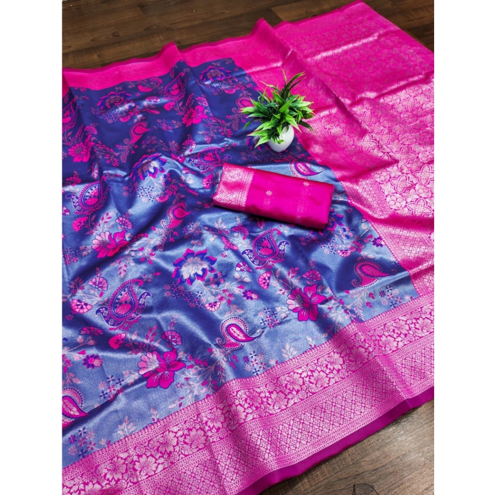 Women's Banarasi Jacquard Printed Saree With Unstitched Blouse 5.5Mtr (Navy Blue)