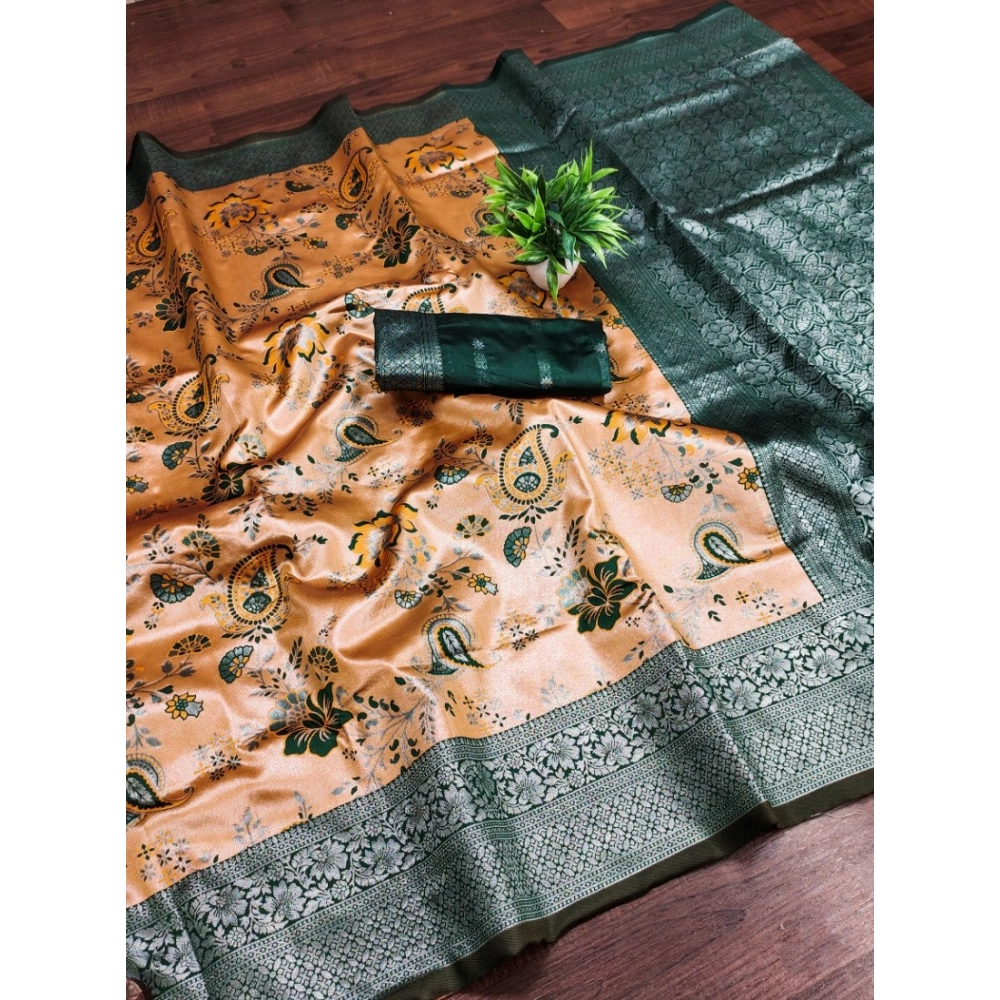 Women's Banarasi Jacquard Printed Saree With Unstitched Blouse 5.5Mtr (Orange)