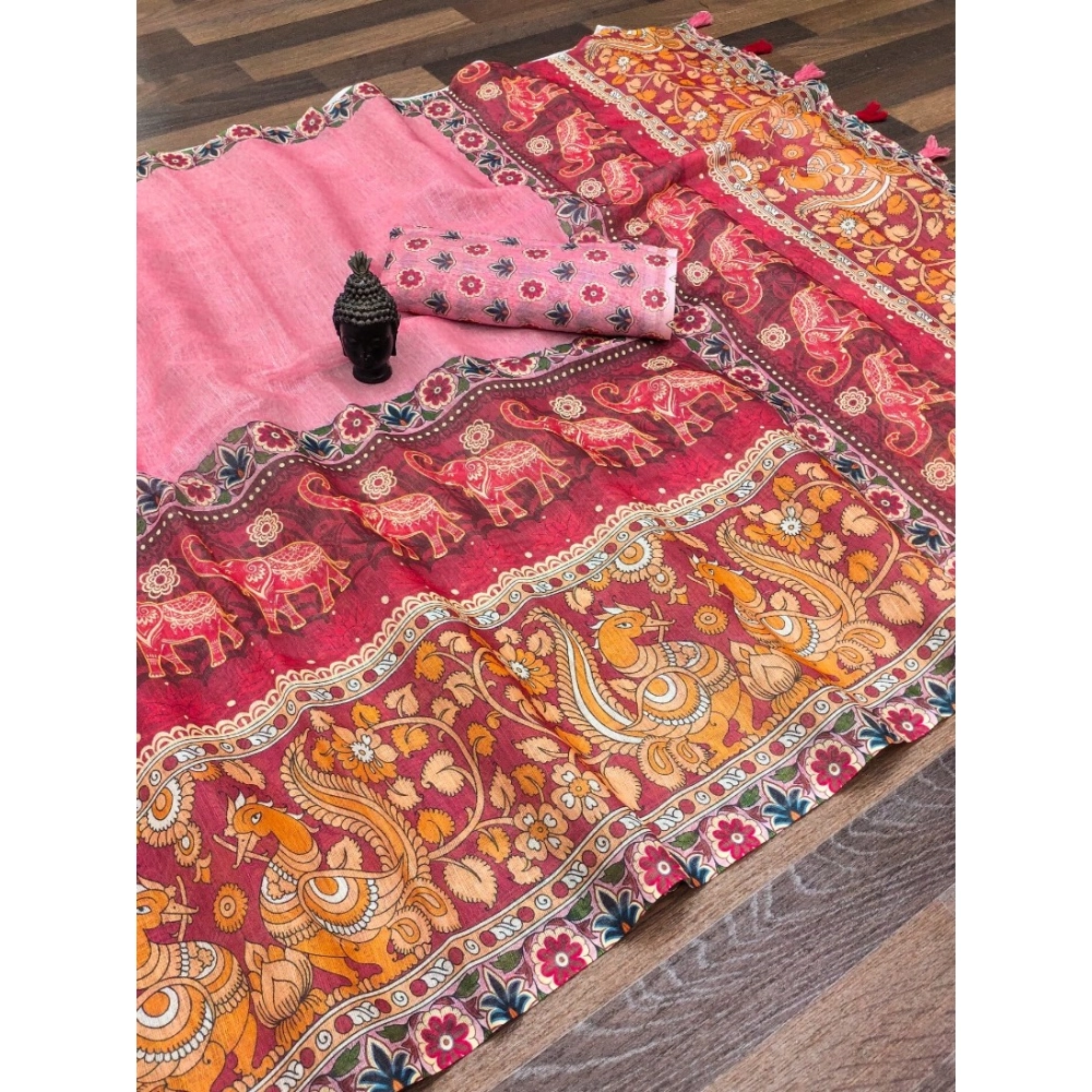 Women's linen Digital Print Saree With Unstitched Blouse 5.5Mtr (Pink)