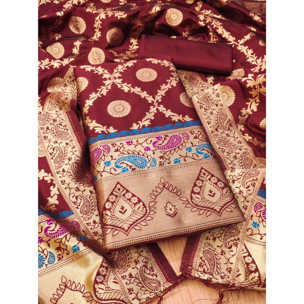 Women's Banarasi Silk Printed Unstitched Salwar Suit Material With Dupatta (Maroon, 3Mtrs)