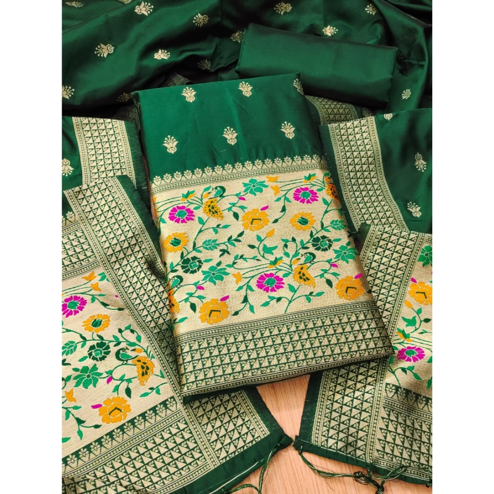 Women's Banarasi Silk Printed Unstitched Salwar Suit Material With Dupatta (Bottle Green, 3Mtrs)