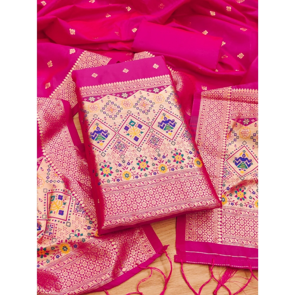 Women's Banarasi Silk Printed Unstitched Salwar Suit Material With Dupatta (Pink, 3Mtrs)