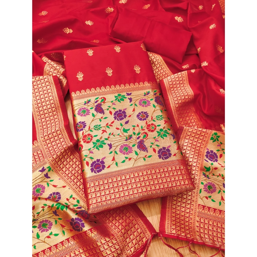Women's Banarasi Silk Printed Unstitched Salwar Suit Material With Dupatta (Red, 3Mtrs)