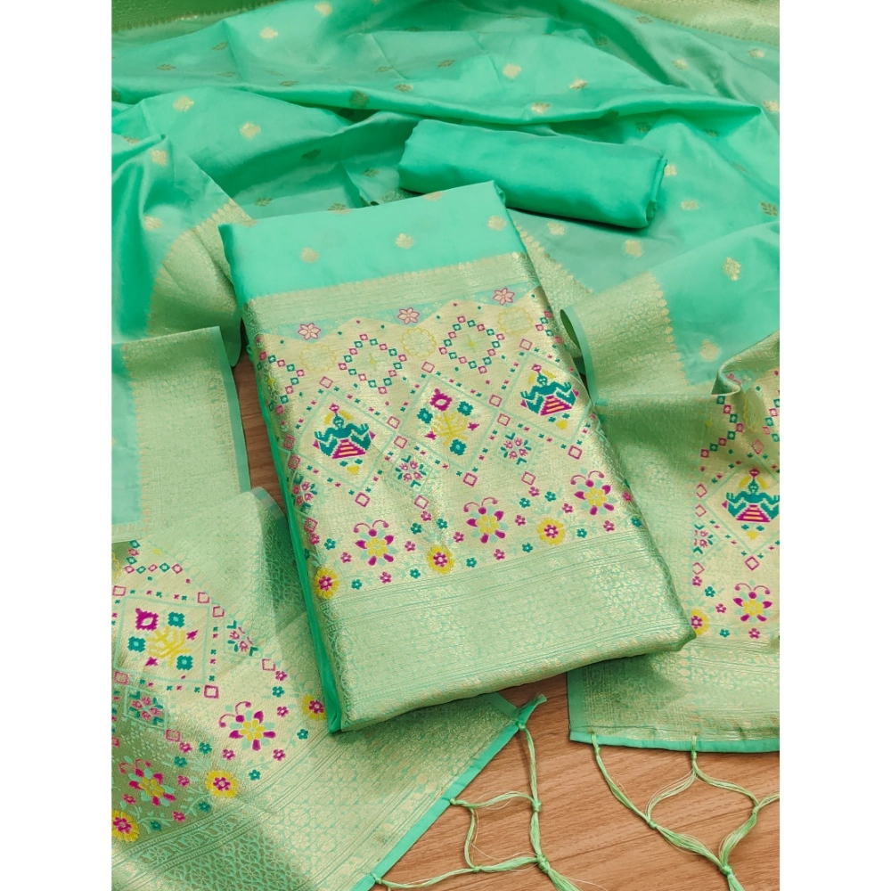 Women's Banarasi Silk Printed Unstitched Salwar Suit Material With Dupatta (Sea Green, 3Mtrs)