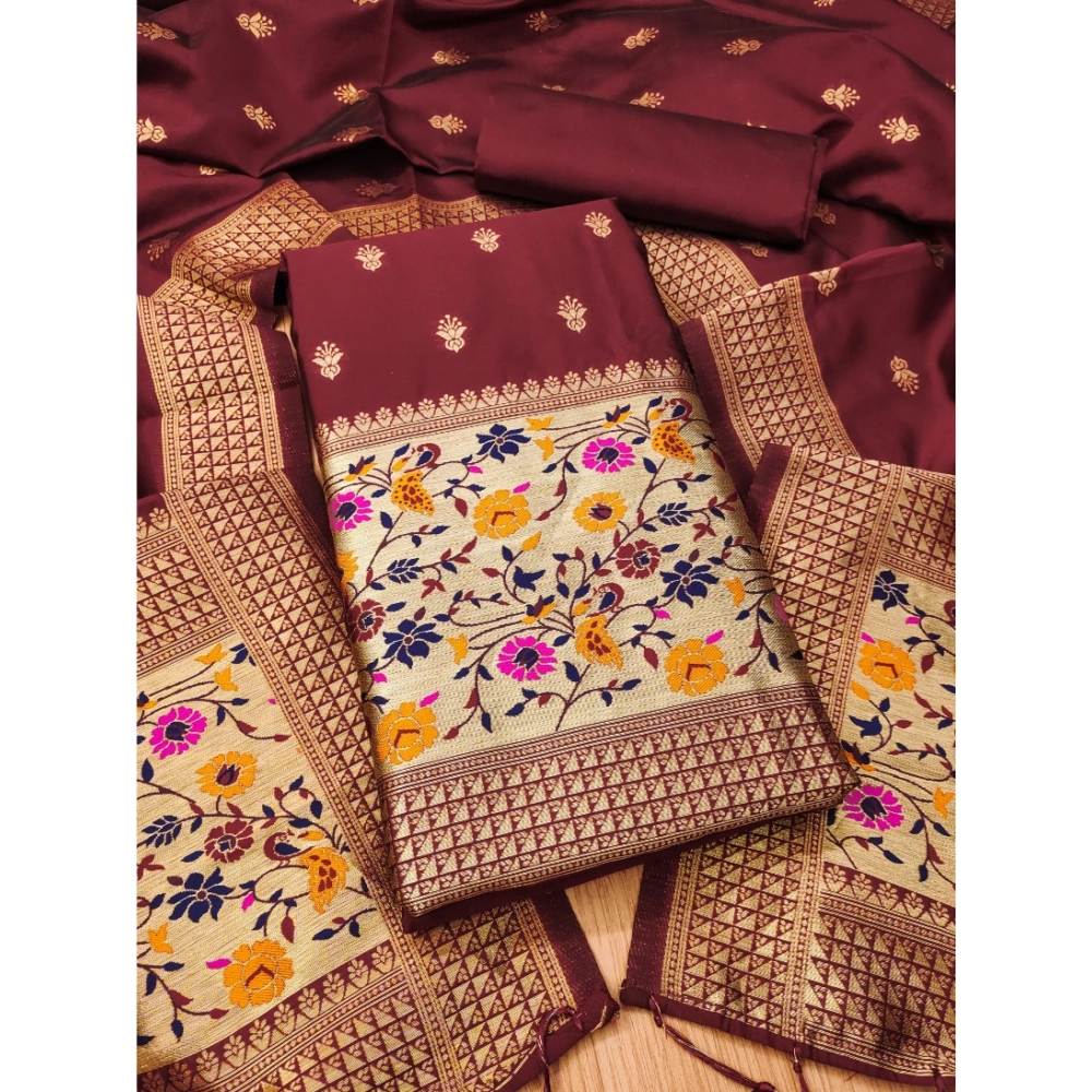 Women's Banarasi Silk Printed Unstitched Salwar Suit Material With Dupatta (Maroon, 3Mtrs)
