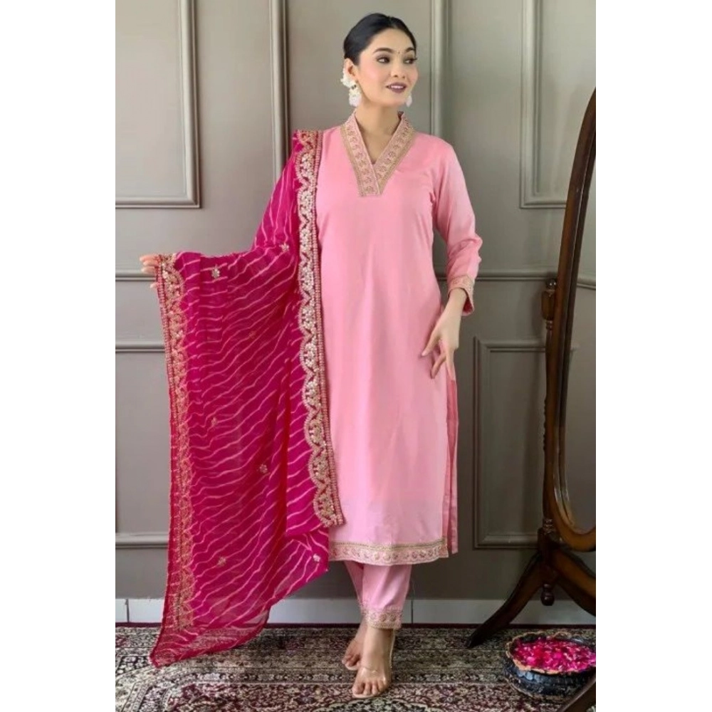 Women's Roman Silk Embroidery 3-4th Sleeve V-Neck Kurti With Pant Dupatta Set (Pink)
