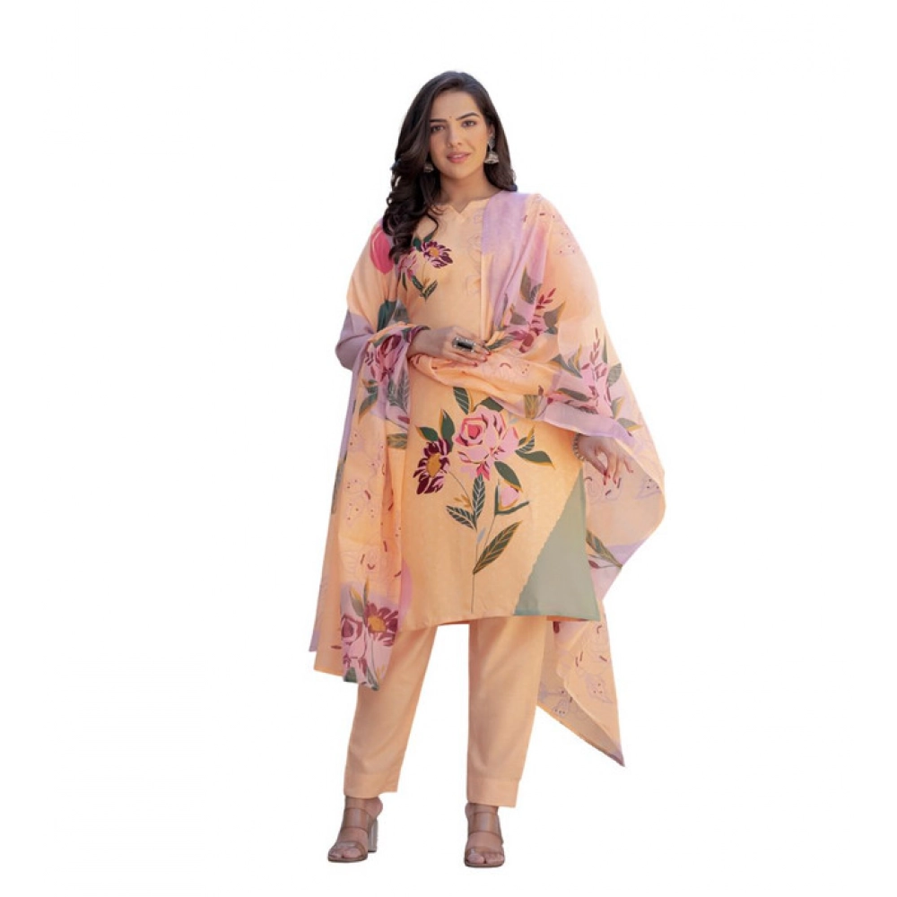 Women's Cotton Blend Printed Kurti With Pant Dupatta Set (Orange)