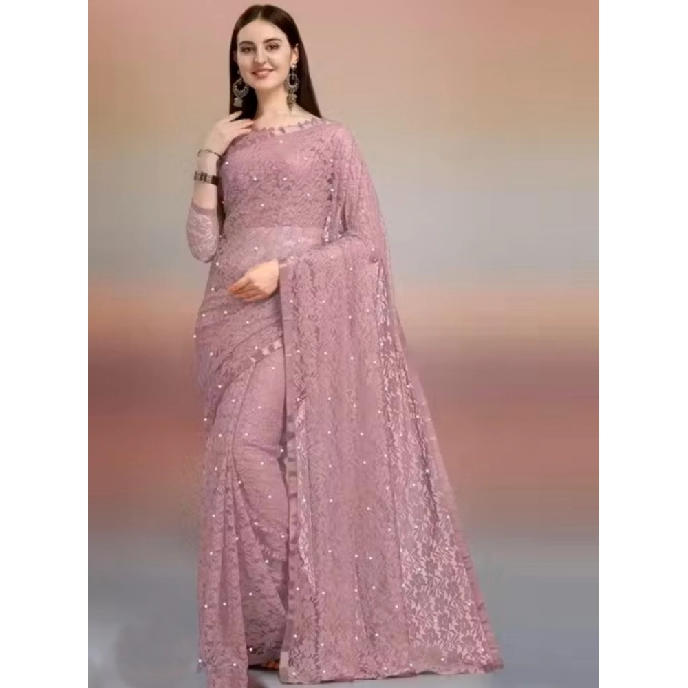 Women's Net Self Design Saree With Unstitched Blouse 5.5Mtr (Light Brown)