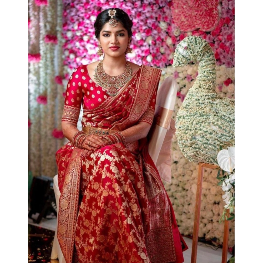 Women's Litchi silk Printed Saree With Unstitched Blouse (Red)