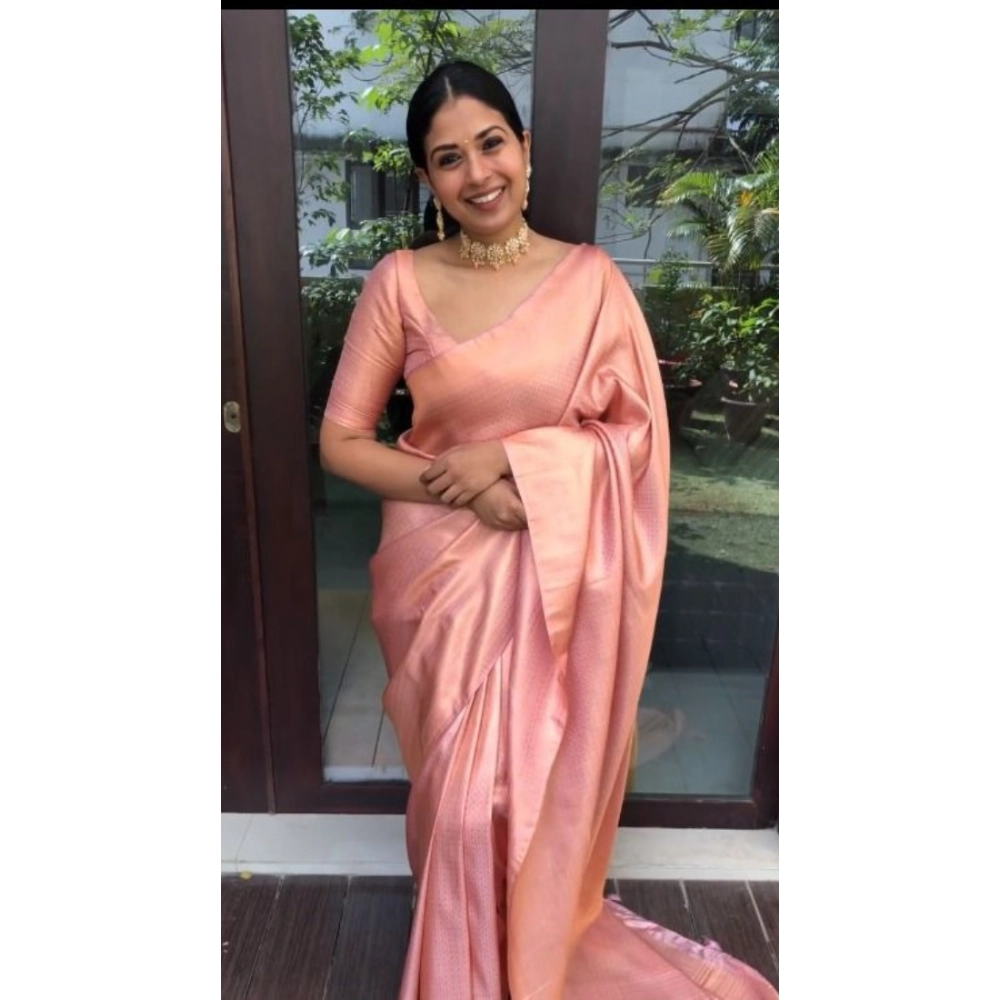 Women's Litchi silk Printed Saree With Unstitched Blouse (Peach)