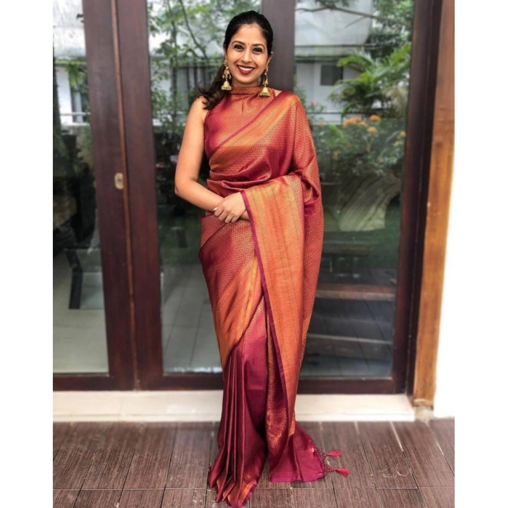 Women's Litchi silk Printed Saree With Unstitched Blouse (Red)