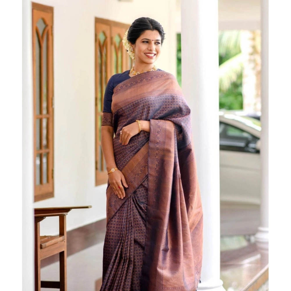 Women's Litchi silk Printed Saree With Unstitched Blouse (Navy Blue)