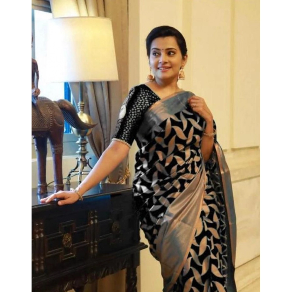 Women's Litchi silk Printed Saree With Unstitched Blouse (Black)