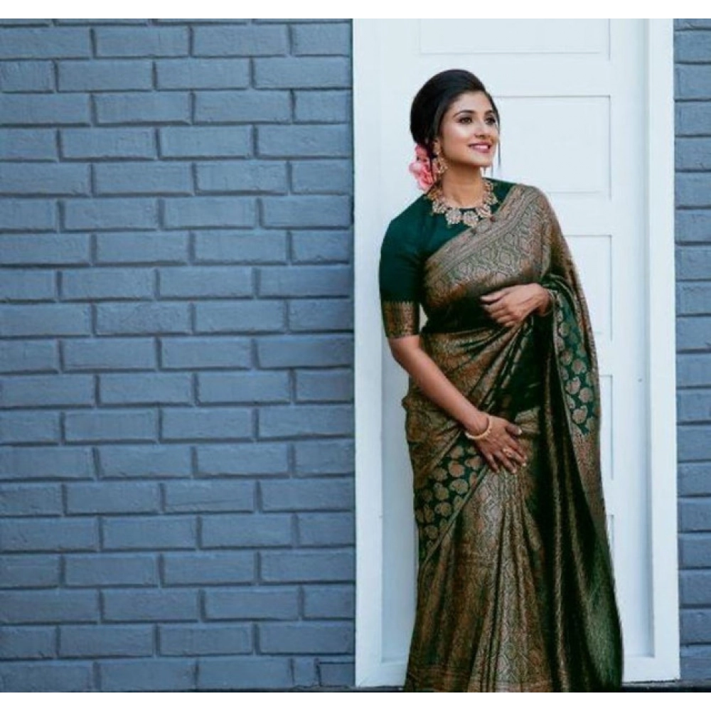 Women's Litchi silk Printed Saree With Unstitched Blouse (Green)