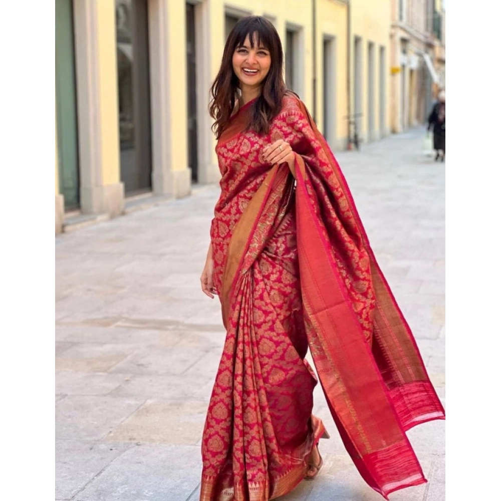 Women's Litchi silk Printed Saree With Unstitched Blouse (Red)
