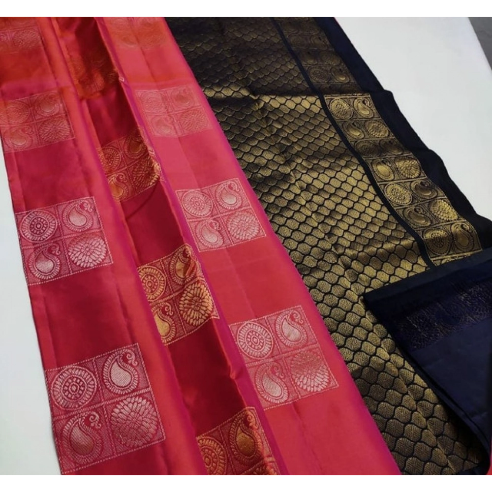 Women's Litchi silk Printed Saree With Unstitched Blouse (Red)