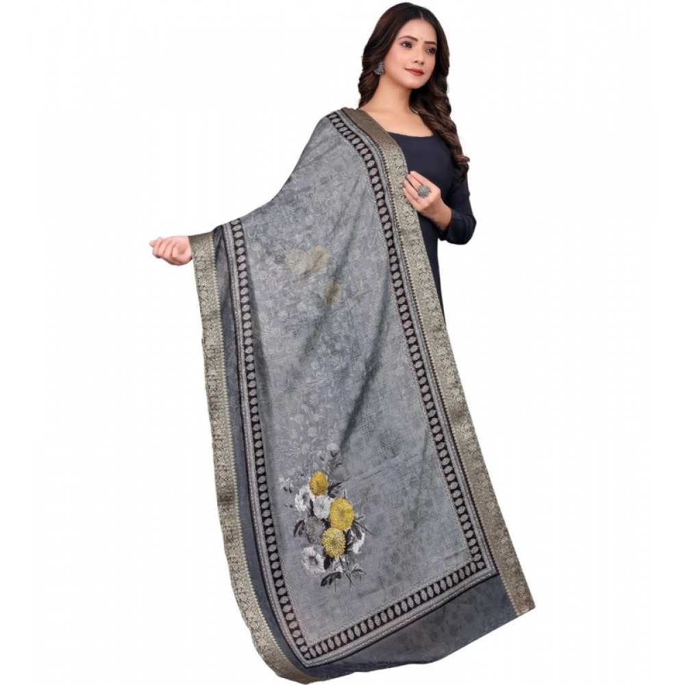 Women's chanderi silk Printed Dupatta (Gray, Length: 2 Mtr) - Image 3